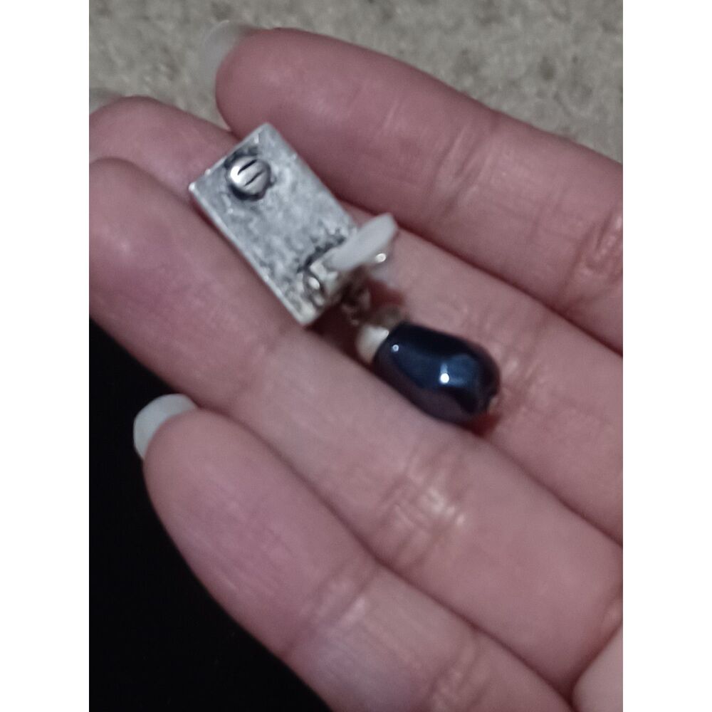 Vintage Silver-Tone Clip-On Earrings w/ Blue Stone - Picture 3 of 4